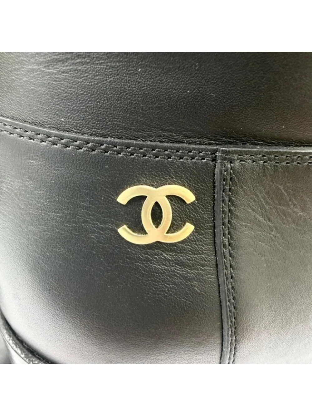 Chanel CC Logo Leather Long Boots Black Gold